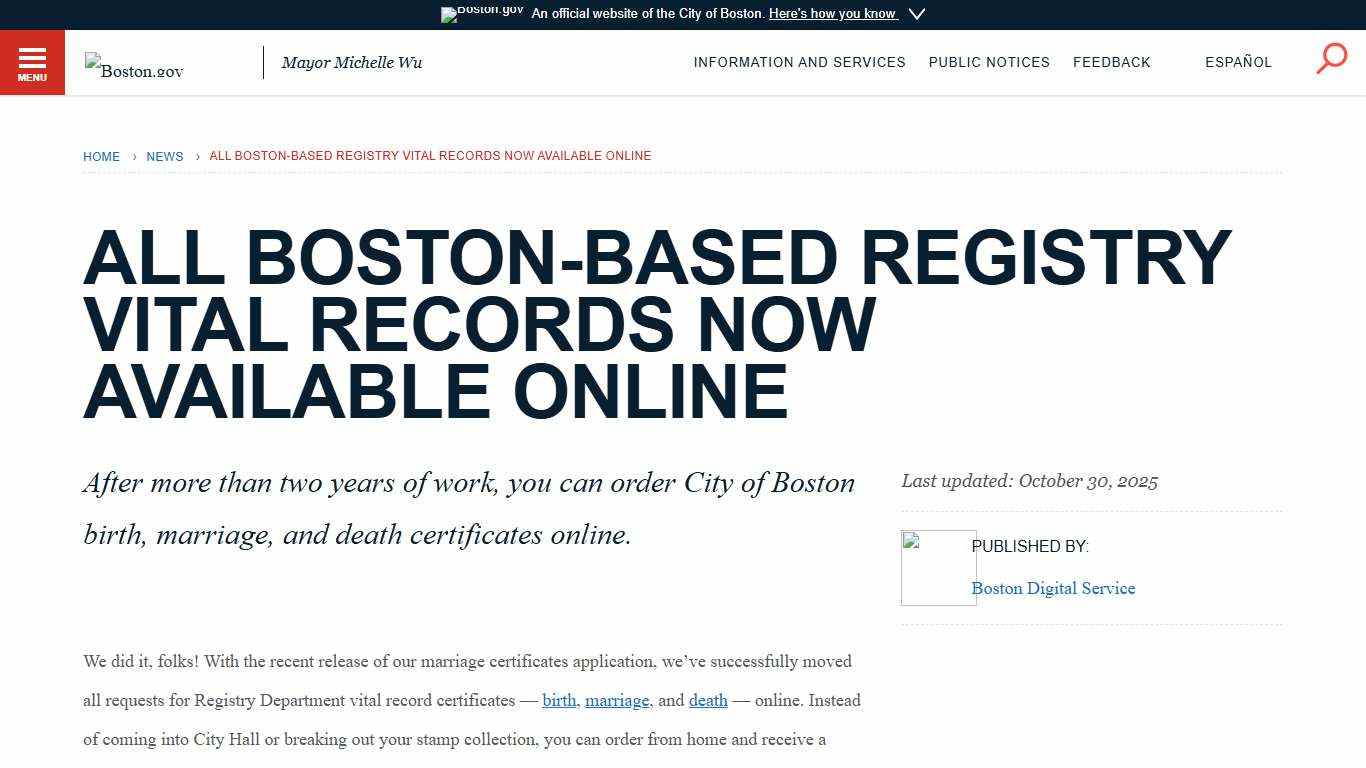 All Boston-based Registry vital records now available online | Boston.gov