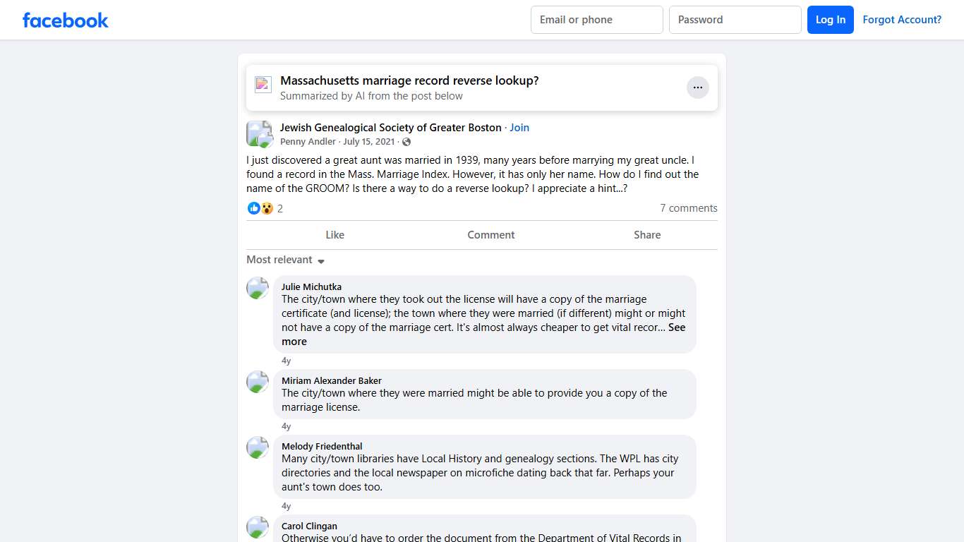 Jewish Genealogical Society of Greater Boston | I just discovered a great aunt was married in 1939, many years before marrying my great uncle | Facebook