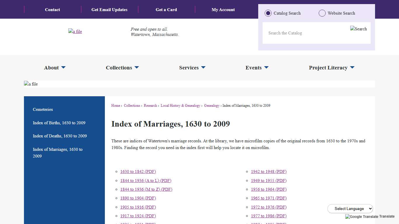 Index of Marriages, 1630 to 2009 | Watertown Library, MA - Official Website