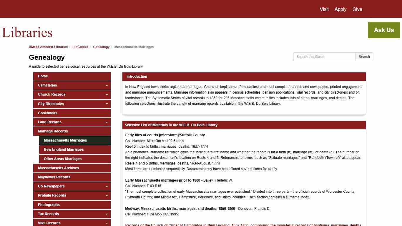 Massachusetts Marriages - Genealogy - LibGuides at University of Massachusetts Amherst